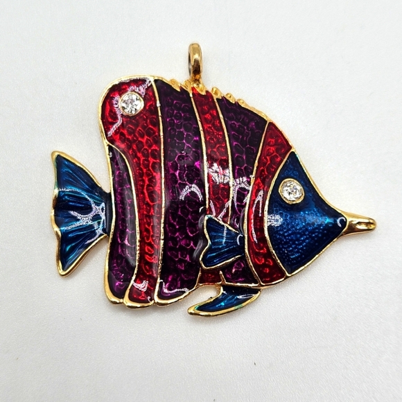 VINTAGE Colorful Sparkle Enamel Large Tropical Fish Pendant Rhinestone Accents - Picture 3 of 6
